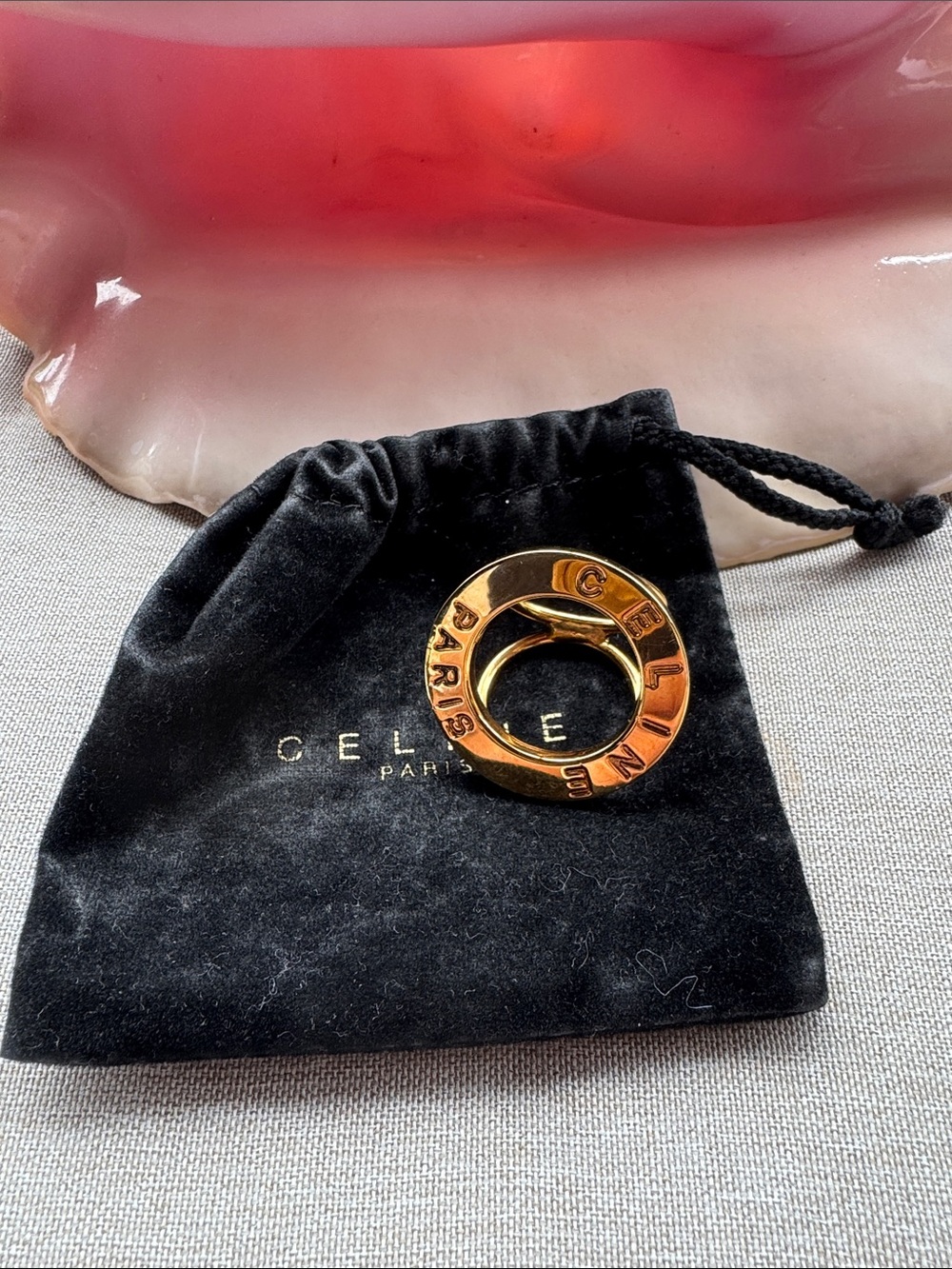 Celine Gold Tone Logo Double Ring Scarf Slide